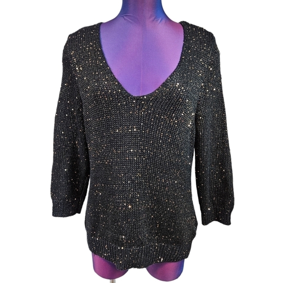 Chaps Black & Gold Sequin V-Neck Pullover Sweater Size Large Women's C21‎ - Picture 8 of 8
